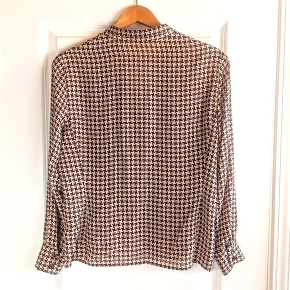 Anne Klein Brown Silk Houndstooth Print Long Sleeve Blouse - Picture 2 of 6